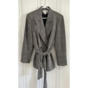 Vtg 90’s Christian Dior Black White Worsted Wool Houndstooth Jacket Blazer Belt
